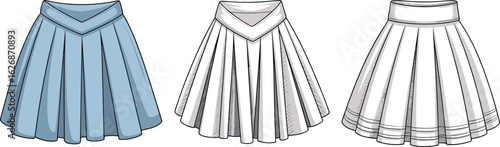 Blue pleated skirt, white pleated skirt, V waistband skirt, striped hem skirt, fashion illustration, skirt design, clothing styles