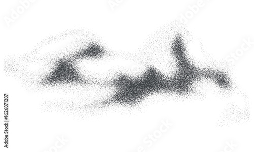Monochrome stipple cloud formed by pixel dots and grain noise pattern. Vintage grunge 8-bit dither texture creating digital static and fog effect. Vector art, halftone overlay, retro noise background