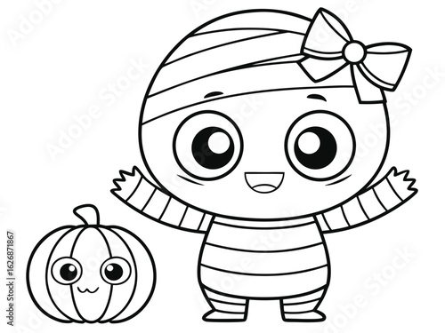 A playful mummy unraveling in a Halloween-themed kids coloring book, vector illustration. A line cartoon of a mummy and Halloween pumpkin