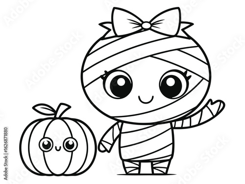 A playful mummy unraveling in a Halloween-themed kids coloring book, vector illustration. A line cartoon of a mummy and Halloween pumpkin