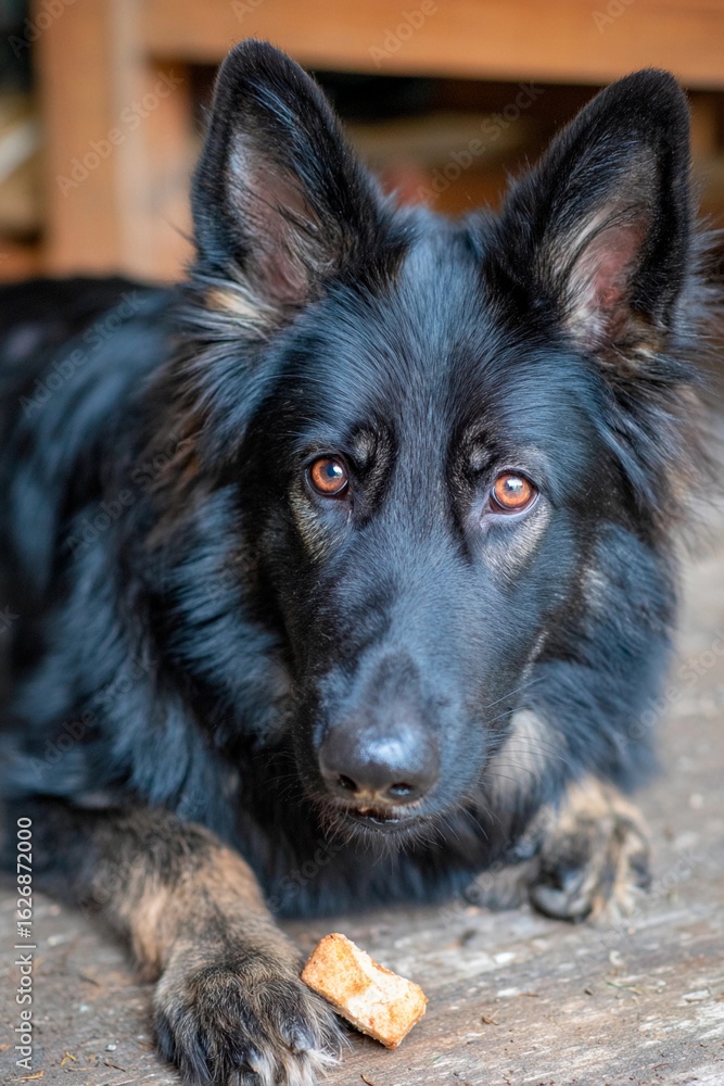 Fototapeta premium A playful black dog with warm brown eyes rests on a rustic floor, attentively holding a treat. The cozy atmosphere invites a sense of relaxation and companionship