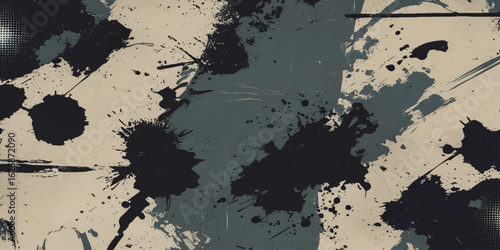 Abstract Patterns of white paint from a brush on a black texture and Dynamic brush strokes and a spacious central area, evoking creativity and depth. 