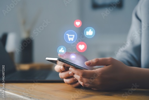 Digital Interface Interaction: A person engages with a smartphone, as social media icons float above, symbolizing the digital world's omnipresence and ease of modern connectivity.