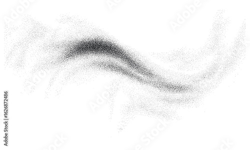 Monochrome stippling trail flows in dispersed dot wave and misty grain texture. Abstract fluid particles create gritty retro grain overlay effect. Vector illustration, textured background