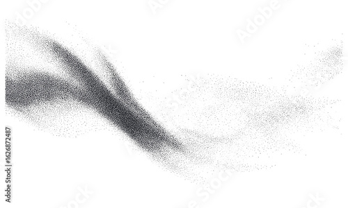 Floating grain particles in abstract fluid composition with monochrome stippled trail and dispersed dot wave mist texture. Grain noise pattern and retro overlay effect. Vector illustration