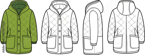 Hooded quilted jacket front, side, back view, green and sketch, button closure, fashion design, winter coat, apparel template