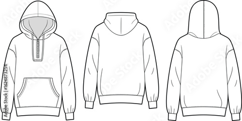 Hoodie technical drawing front, back, side view, half zipper, drawstring hood, kangaroo pocket, garment sketch, fashion design illustration