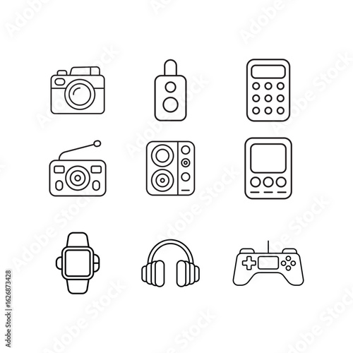 A black outline icons of electronic devices including camera, remote, calculator, radio, speaker, smartwatch, headphones and more on white background.eps