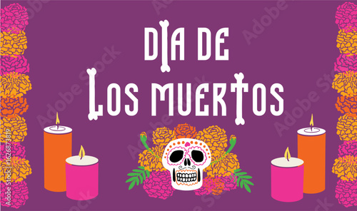 Festive Dia de Los Muertos illustration, decorative sugar skull surrounded by vibrant orange and pink marigold flowers with lit candles on a purple background