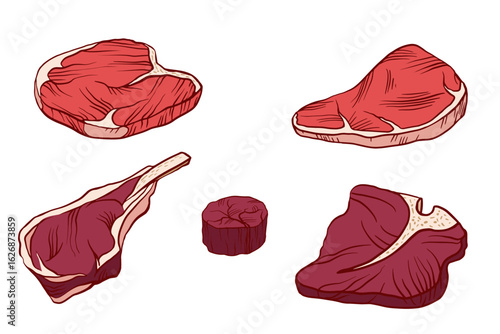 Vector illustration of five raw steak cuts, ribeye, sirloin, T-bone, tomahawk and filet mignon, with bold outlines on a white background.