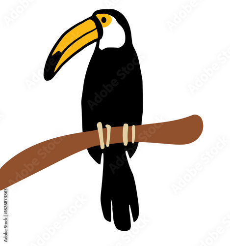 Minimalist vector illustration of a black-and-white toucan perched on a brown branch, featuring a bold yellow beak and flat colors against a white background.