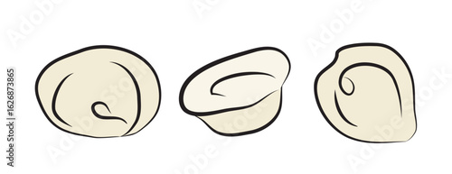 Minimalist vector of three pelmeni dumplings with distinctive folds, showcasing classic Russian comfort food in simple black-outlined shapes on white background.