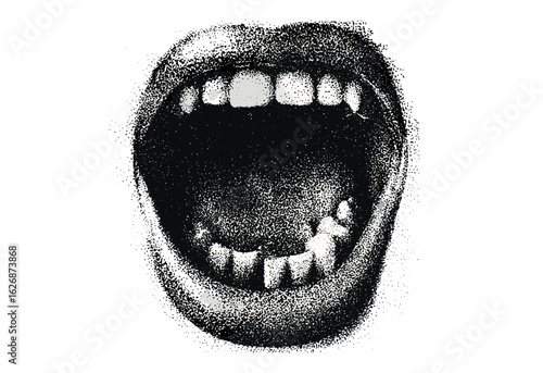 Halftone stipple mouth scream in grunge punk y2k collage style. Vintage brutalist retro vector illustration for banner, poster, and music design with dotted texture, punk rock aesthetic, 90s vibe