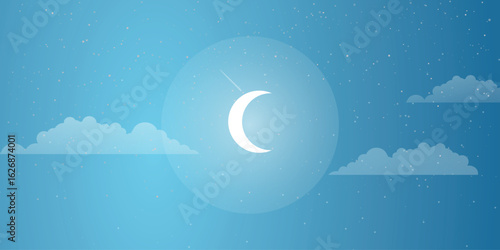 a night sky with a blue tint. It shows the sickle of the moon with a light glow, surrounded by several white clouds. Small stars are scattered in the background.