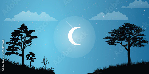 night landscape with a crescent moon on a blue sky with light clouds. In the foreground you can see the silhouettes of trees on a hill, including several conifers and one broadleaf.