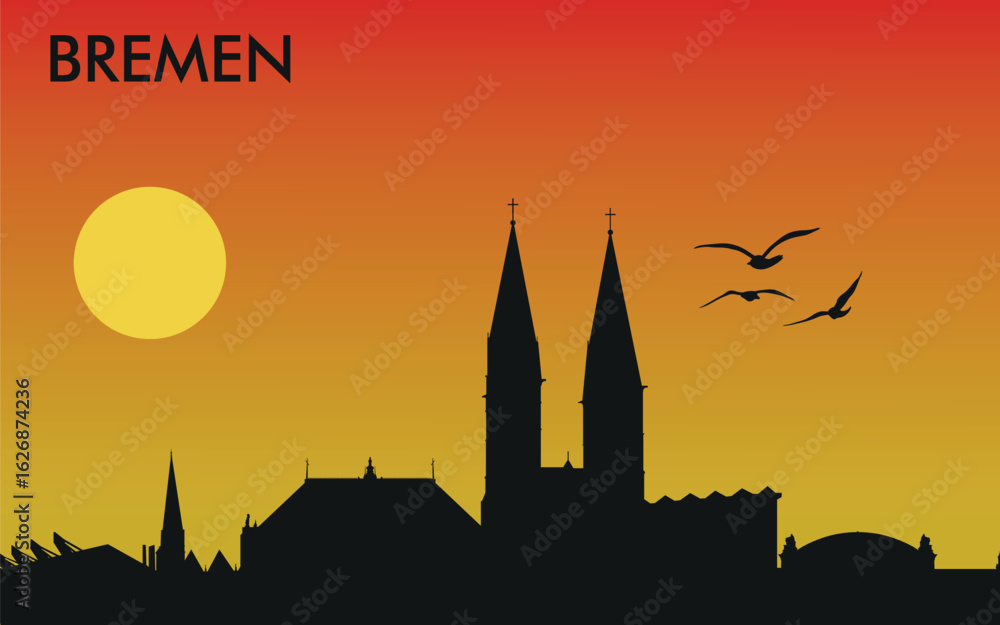 Naklejka premium a stylized Silhouette of Bremen at sunset: birds, gradient from orange to yellow. 