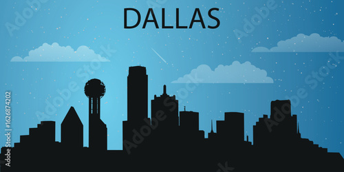 Silhouette of the city of Dallas with its distinctive skyscraper skyline against a blue sky with clouds. 