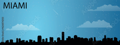 Silhouette of the city of Miami with its distinctive skyscraper skyline against a blue sky with clouds. 