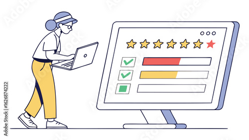 Woman with laptop providing feedback on a monitor showing ratings and progress bars being reviewed