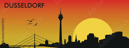 a stylized Silhouette of Dusseldorf at sunset: birds, gradient from orange to yellow. 