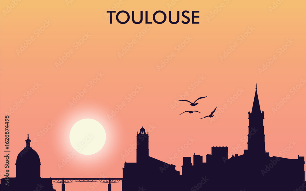 Fototapeta premium The image shows the silhouette of Toulouse against the sunset. Dome, tower, bridge, birds in the sky. The text TOULOUSE is on top.