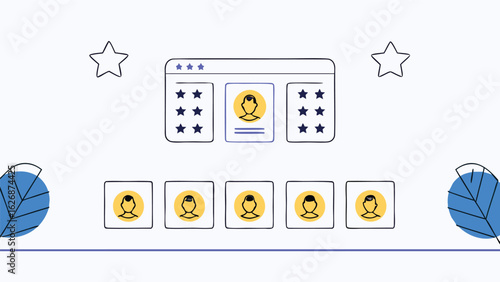 Illustration showing a website interface with user profiles and star ratings with foliage accents design