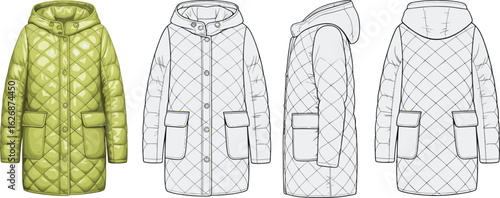 Quilted coat front view, back view, side view, hooded design, diamond pattern, button closure, flap pockets, fashion sketch, template
