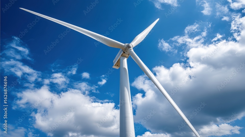 A large wind turbine towers above rolling landscapes, its blades turning gracefully in the breeze. The clear blue sky and scattered clouds create a serene backdrop, showcasing renewable energy. A large wind turbine towers above rolling landscapes, its blades turning gracefully in the breeze. The clear blue sky and scattered clouds create a serene backdrop, showcasing renewable energy.