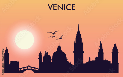 silhouette of the city of Venice against the sunset. The sun and several birds are depicted in the sky