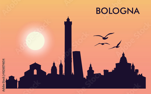 silhouette of the city of Bologna against the sunset. The sun and several birds are depicted in the sky
