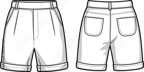 Shorts front view, back view, waistband, belt loops, side pockets, back pockets, fly, cuffed hem, fashion design, apparel template