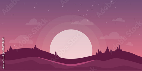 a landscape with the sun setting or the moon rising over rolling hills.