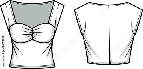 Stylish women's fashion vector illustration, elegant top with ruched bust and cap sleeves, flat sketch for apparel design.