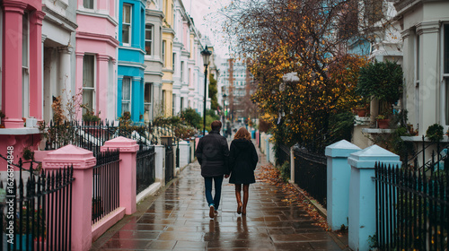 Couple walking through Notting Hill with pastel houses