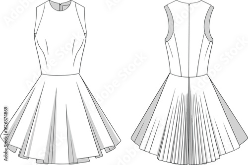 Sleeveless dress drawing, fitted bodice dress, flared skirt pleats, round neckline dress, princess seams, zipper back, fashion sketch, garment design, technical illustration, sewing pattern