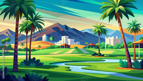 Elegant palms stand proudly beneath clear blue skies, their reflections dancing on nearby water hazards. Mountains cradle the course in warmth, enhancing California’s serene and sun-drenched golf para