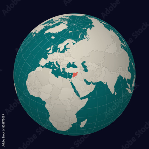 Syrian Arab Republic on the map. Globe centered to Syria. Country location on the world map. Teal Pale Mint color palette. Globe with countries, meridians and parallels.