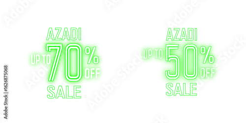 Azadi Sale Promotional Poster Featuring Neon Green Text Offering Up to 70% and 50% Off Discounts, Celebrating Independence Day With Eye-Catching Offers for Shoppers and Customers.