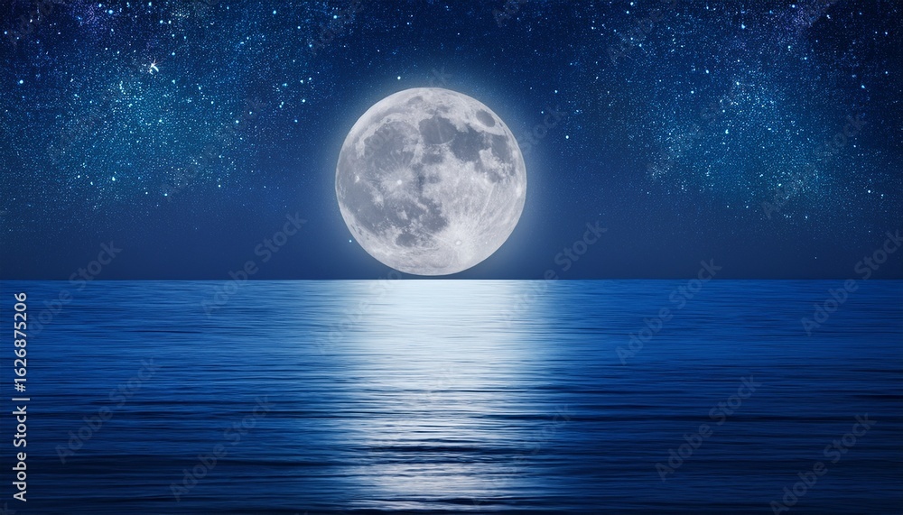 Obraz premium glowing full moon over calm ocean at night with starry sky and reflective water surface
