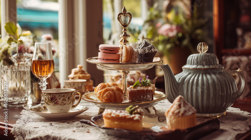Afternoon tea set with pastries, Victorian teahouse