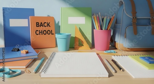Wallpaper Mural A back to school themed image featuring notebooks pencils and a backpack on a desk surface Torontodigital.ca