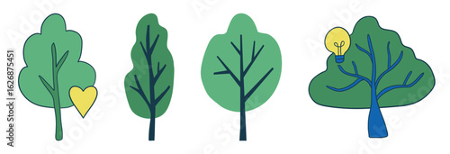 Four stylized trees with a yellow heart on one and a lightbulb on another symbolizing love for nature and innovation