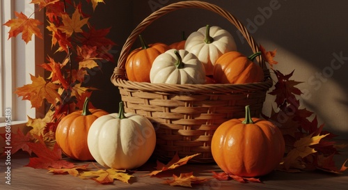 Autumnal Bounty: An arrangement of orange and white pumpkins spills from a woven basket amidst a scattering of vibrant fall leaves, creating a warm, inviting scene of harvest and seasonal abundance.