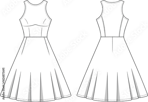 Technical dress drawing front, back view, sleeveless design, pleated skirt, fitted bodice, fashion illustration, garment construction, pattern template