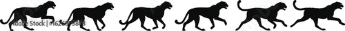 Animation sprite sheet of a running cheetah. Black silhouette frames showing the wild cat's gait cycle. Concept of animal locomotion and speed.