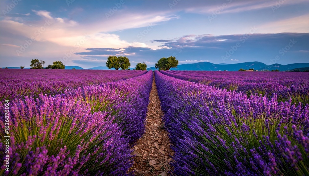Naklejka premium Lavender field in full bloom stretches towards the horizon under a vibrant sky with scattered clouds, trees punctuating the landscape.