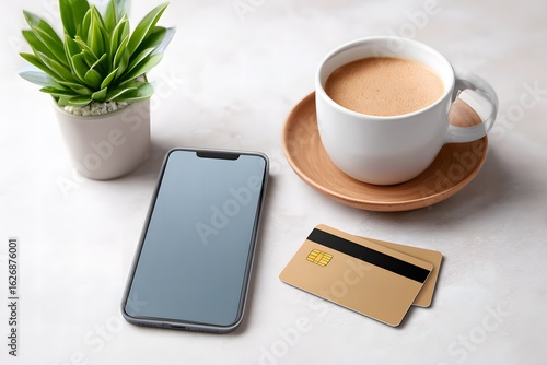 Cozy workspace featuring smartphone, bank cards, and coffee cup, creating an inviting atmosphere for effortless online shopping and relaxation in a light-filled environment