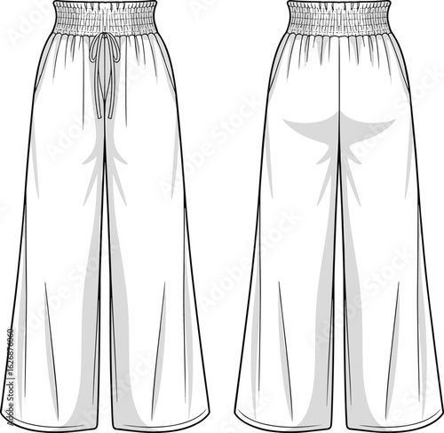 Wide-leg pants front, back view, elastic waistband, drawstring closure, flowy fabric, loose fit, fashion sketch, clothing template, casual wear