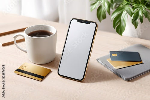Light-filled cozy workspace featuring smartphone, coffee cup, and bank cards, creating an inviting atmosphere for effortless online shopping and digital transactions