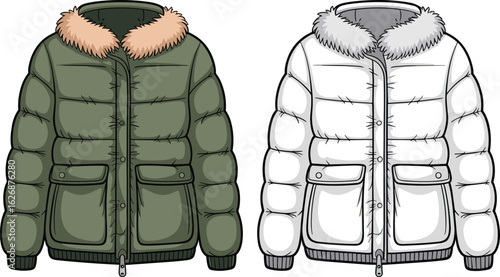 Winter jackets front view, padded design, fur collar, zipper closure, flap pockets, ribbed cuffs, cold weather wear, fashion template